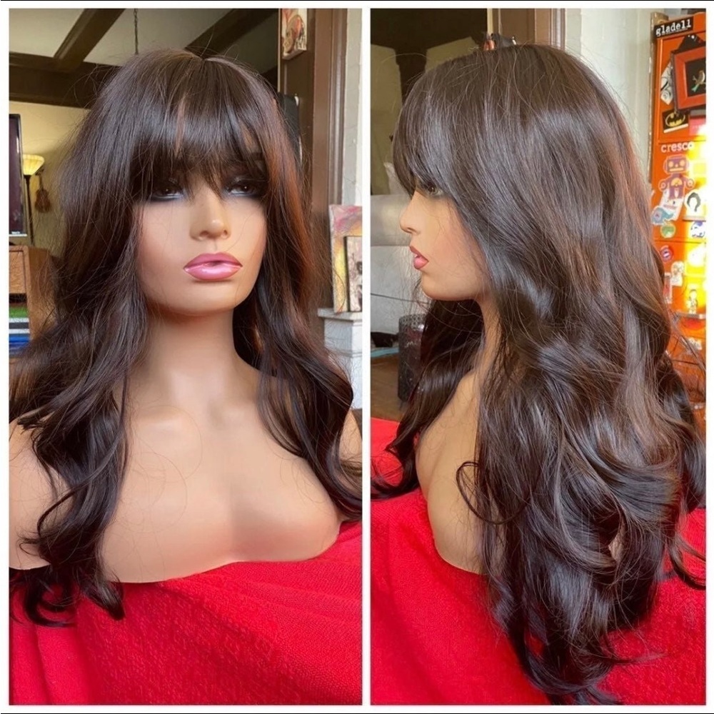 Darkest brown-black flowing wig with bangs
